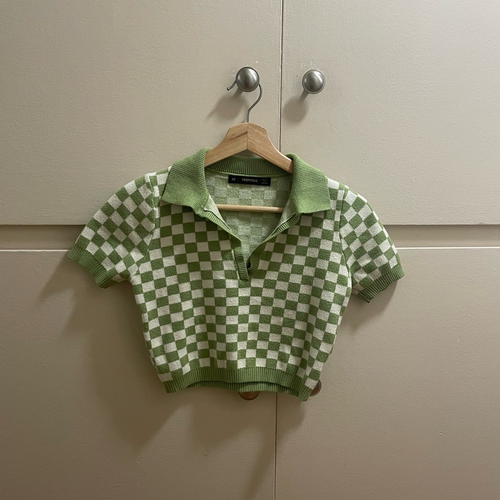 Hesperus Green Checkered Collared Crop Top Sweater Short Sleeve (Size M) - Picture 6 of 8